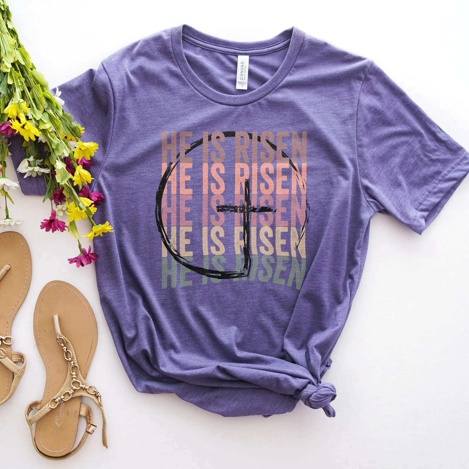 He Is Risen Stacked Easter Rainbow Tee