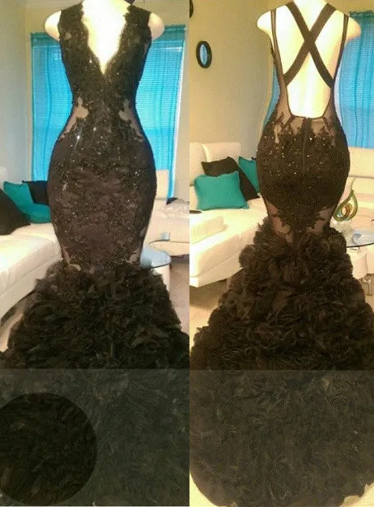 kamahe Gorgeous Black Mermaid V-Neck Tulle Appliques Open-Back Prom Party Gowns
