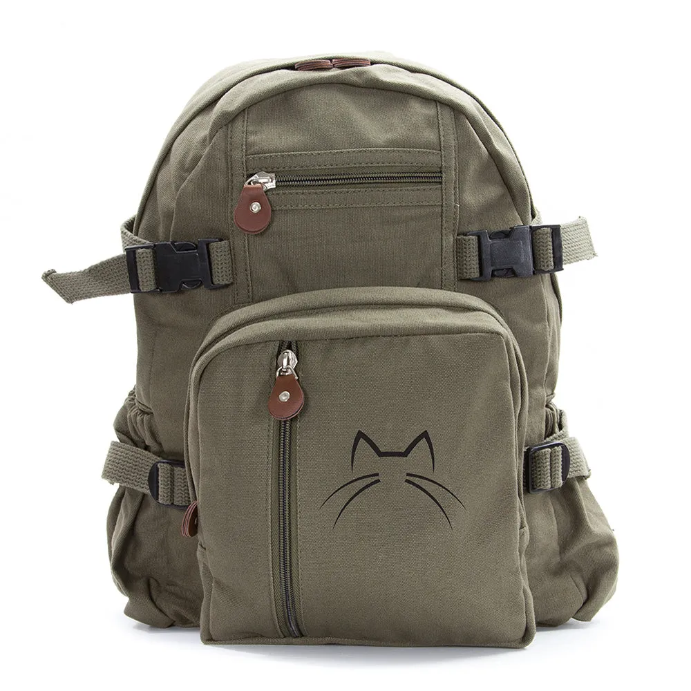 Kitty Cat Ears Whiskers Face Vintage Style Canvas Backpack Cute School Book Bag