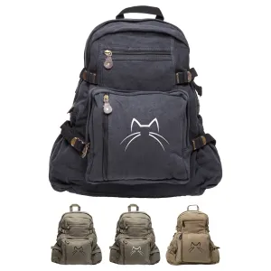 Kitty Cat Ears Whiskers Face Vintage Style Canvas Backpack Cute School Book Bag