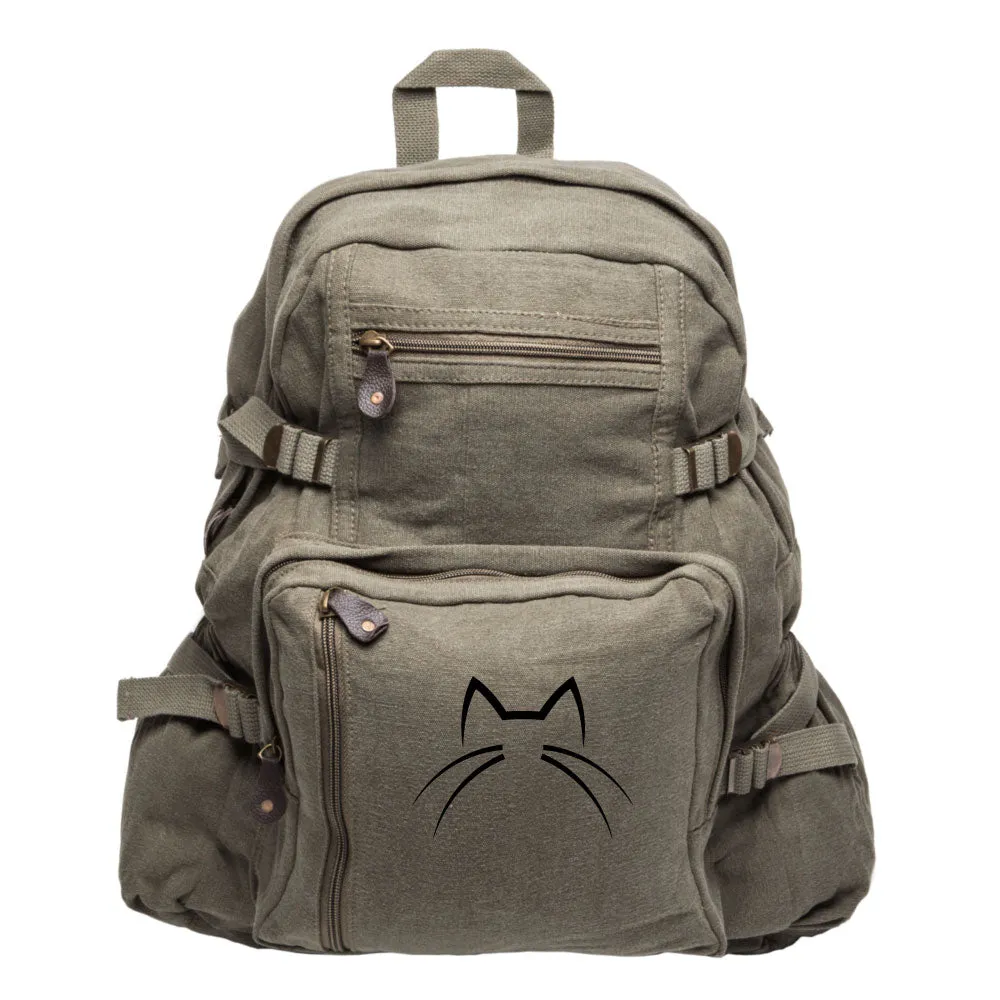 Kitty Cat Ears Whiskers Face Vintage Style Canvas Backpack Cute School Book Bag