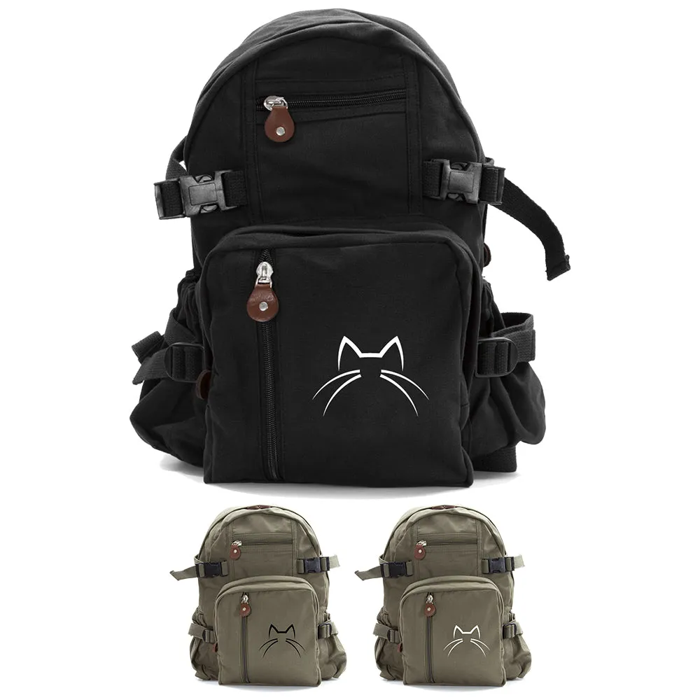 Kitty Cat Ears Whiskers Face Vintage Style Canvas Backpack Cute School Book Bag