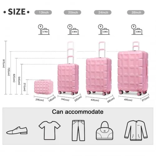 Kono Lightweight Hard Shell ABS Suitcase Set with TSA Lock & Vanity Case - Pink