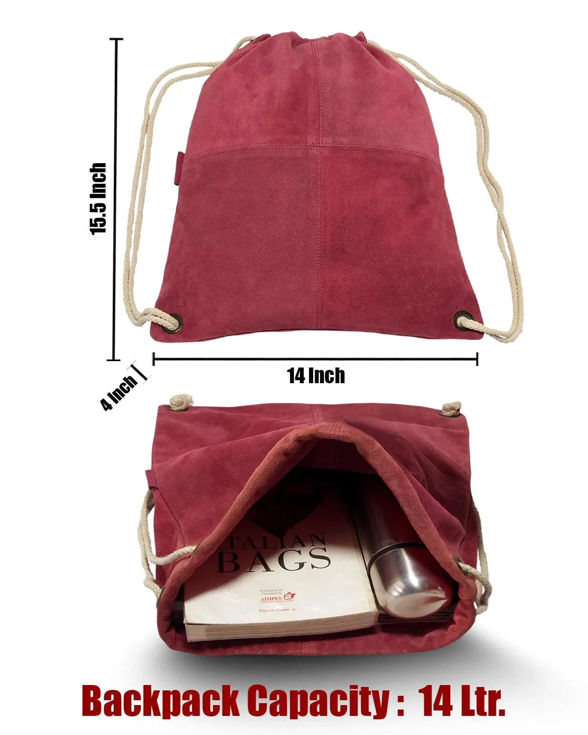 MANDAVA Suede Leather Drawstring Backpack Unisex Sack Cinch School/College/Gym Bag (Magenta)