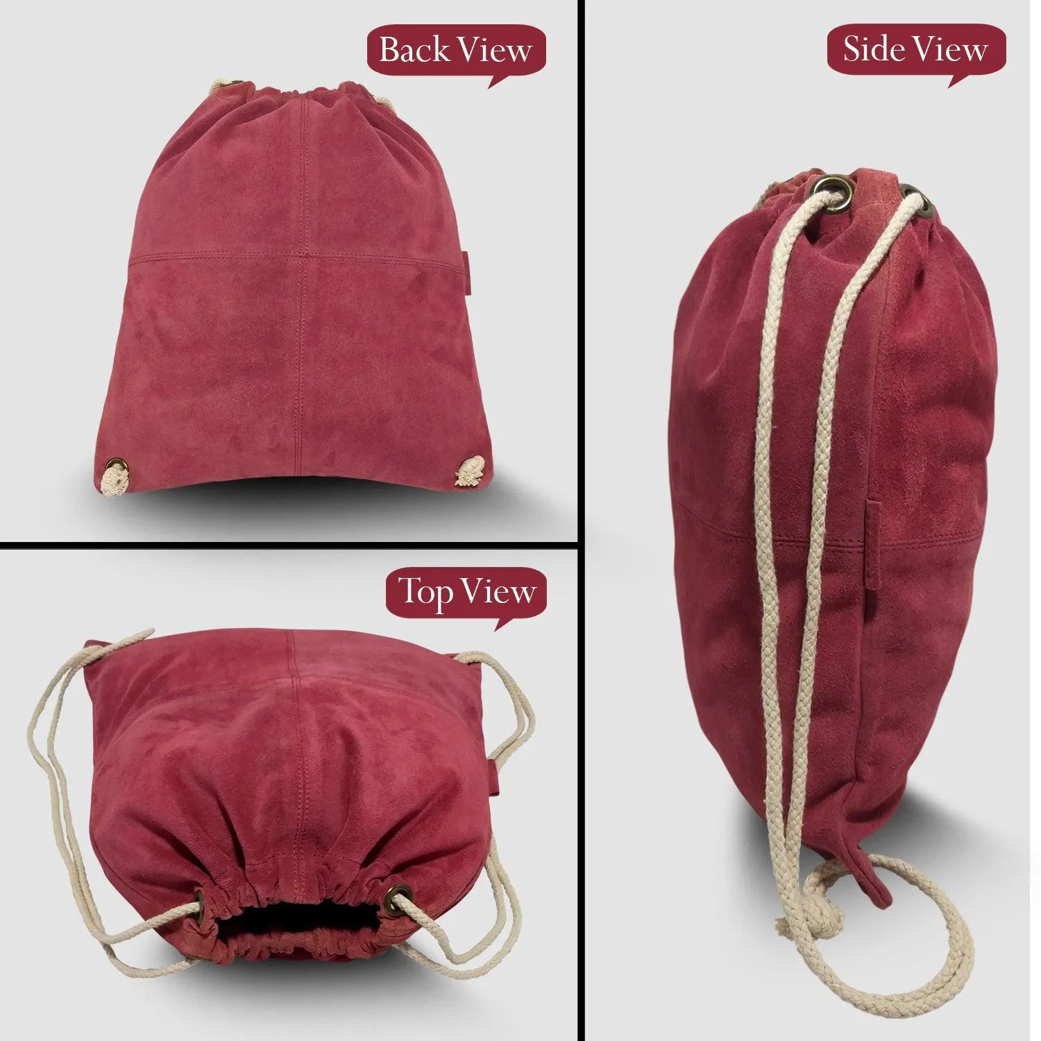 MANDAVA Suede Leather Drawstring Backpack Unisex Sack Cinch School/College/Gym Bag (Magenta)