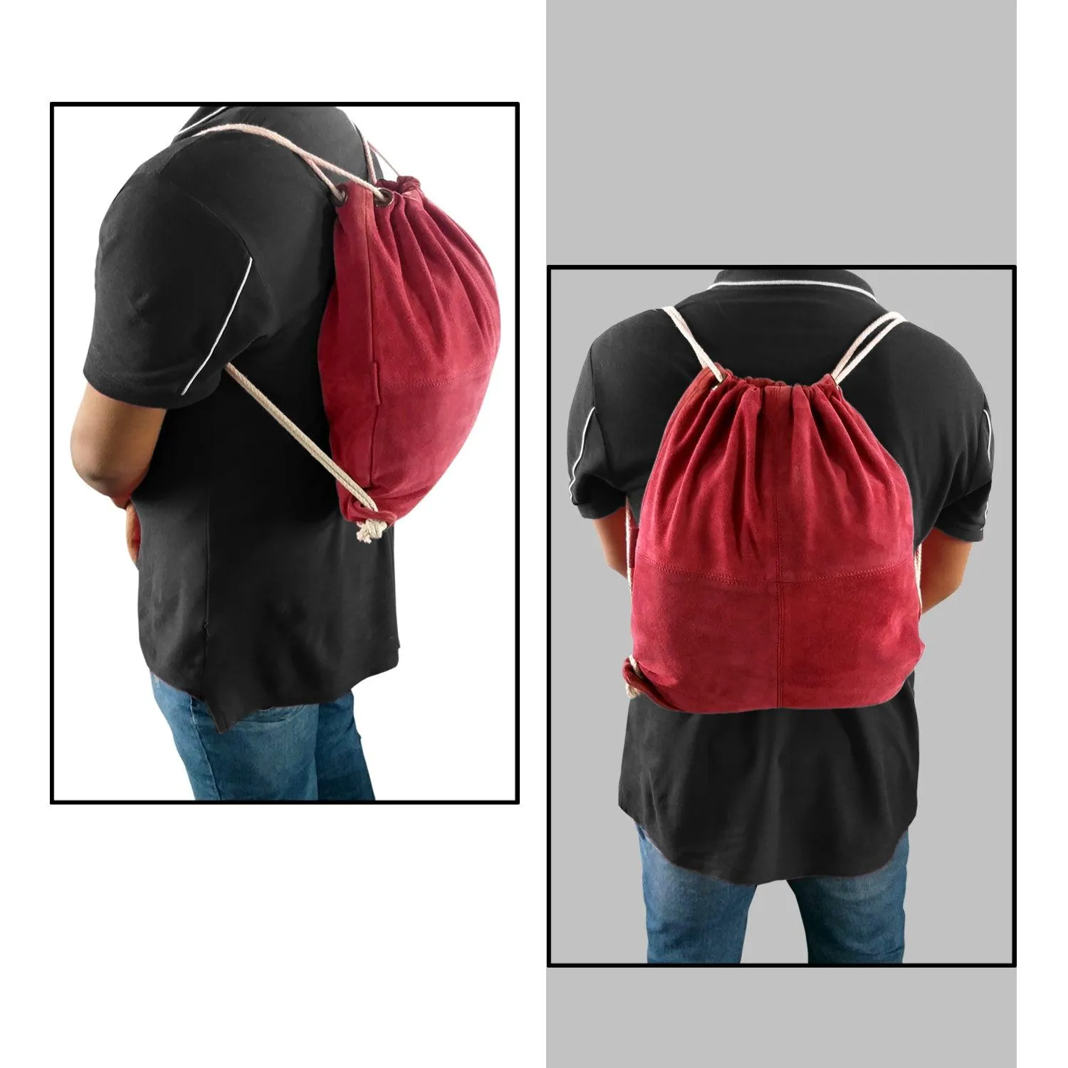 MANDAVA Suede Leather Drawstring Backpack Unisex Sack Cinch School/College/Gym Bag (Magenta)