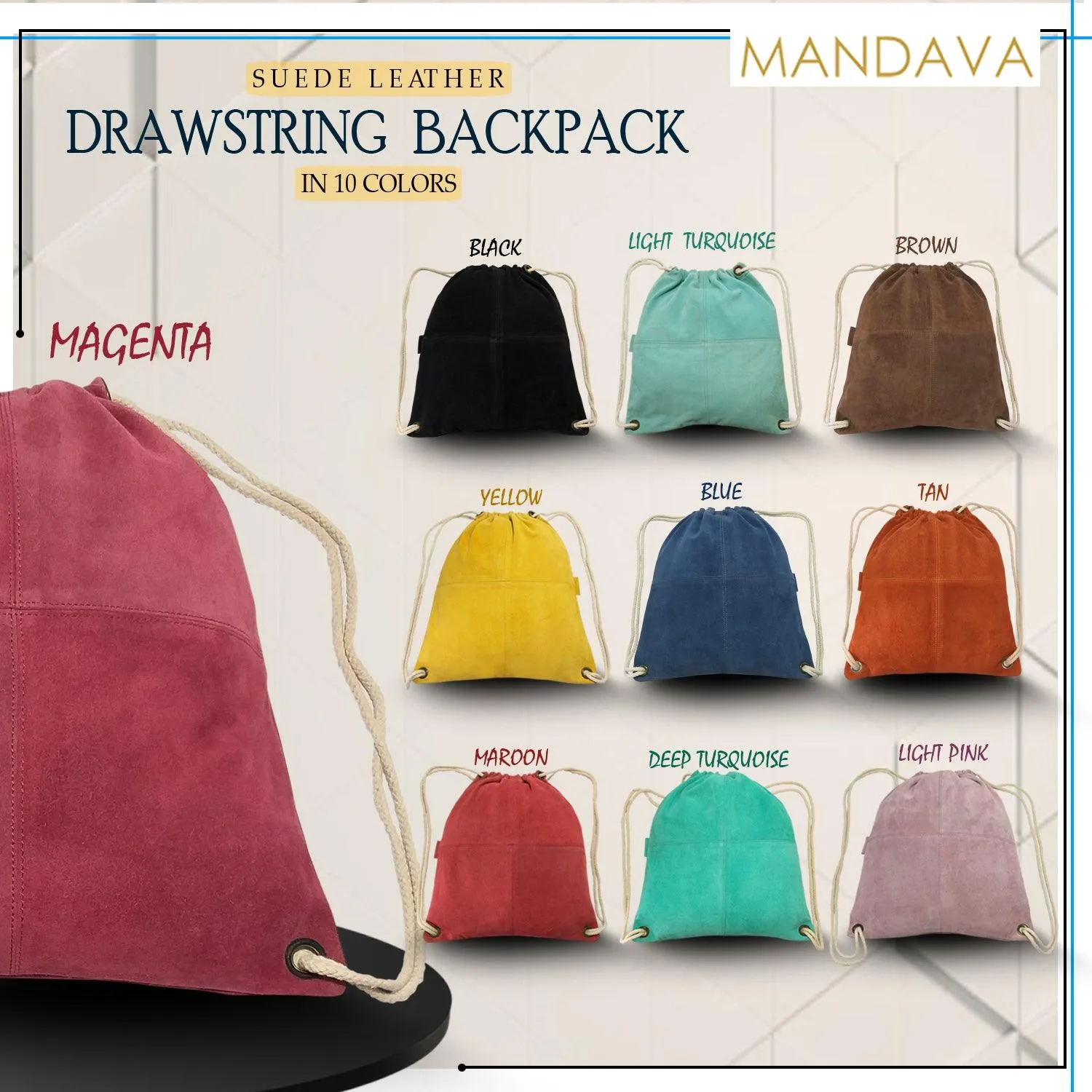 MANDAVA Suede Leather Drawstring Backpack Unisex Sack Cinch School/College/Gym Bag (Magenta)