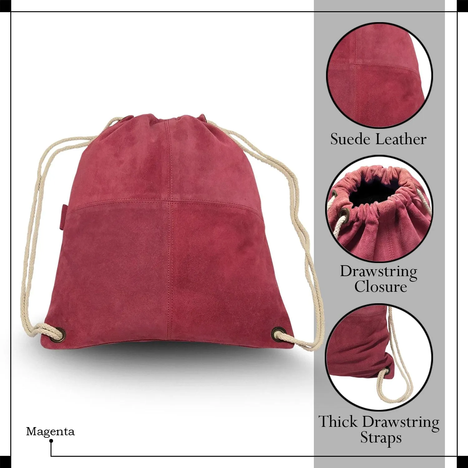 MANDAVA Suede Leather Drawstring Backpack Unisex Sack Cinch School/College/Gym Bag (Magenta)