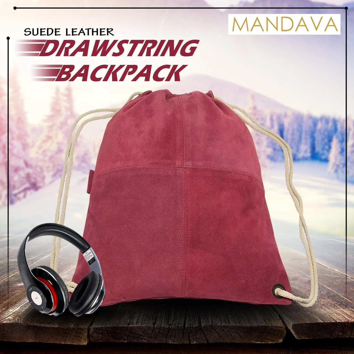 MANDAVA Suede Leather Drawstring Backpack Unisex Sack Cinch School/College/Gym Bag (Magenta)