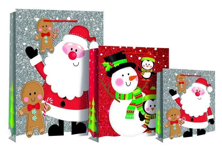 Merry Christmas Sparkly & Glitter Design Gift Bag 22 x 10 x 25cm - Santa & Snowman Med