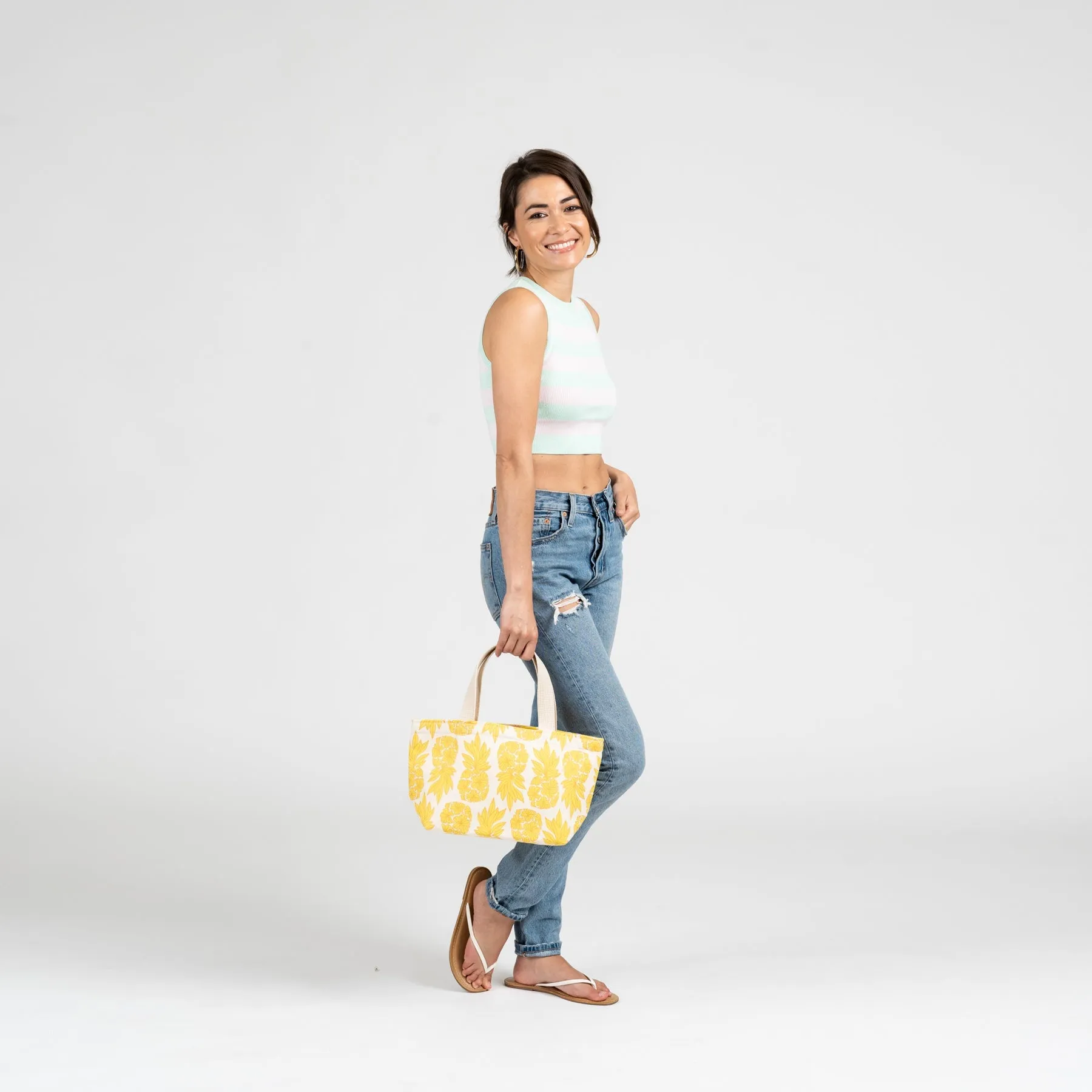 Mini Beach Bag Tote • Seaflower • Dark Blue over Offset Rainbow