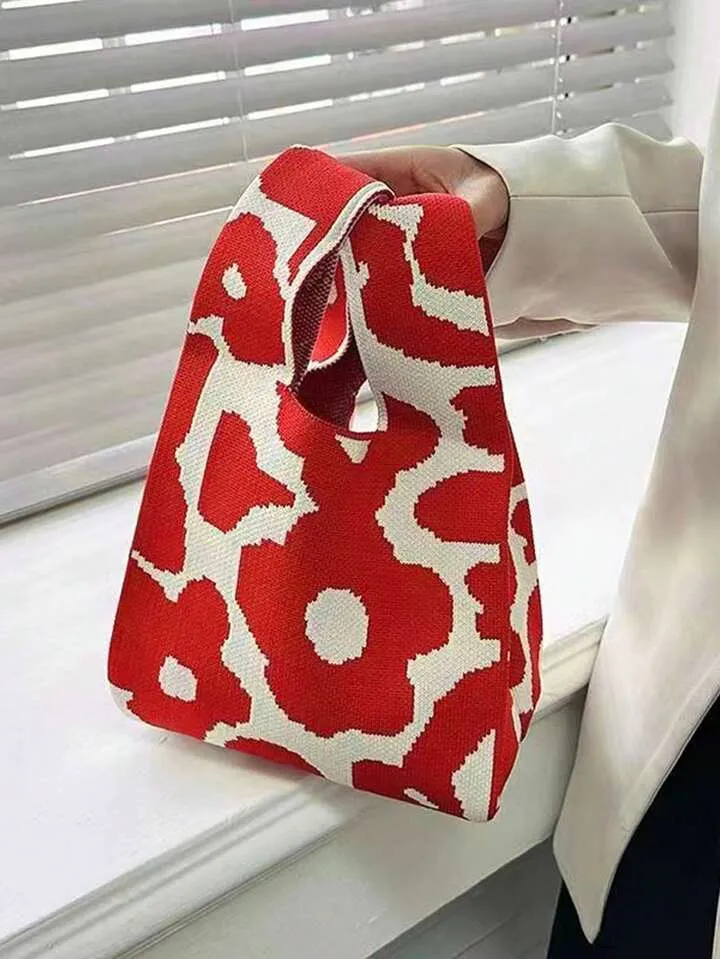 Mini Knit Red Floral Tote Bag