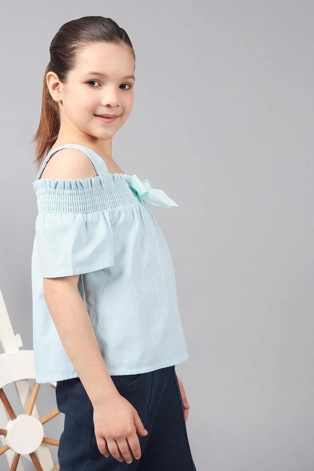 One Friday Kids Girls Pastel Stripe Cotton Ruffle Sleeves Smocked Neckline Cold Shoulder Top