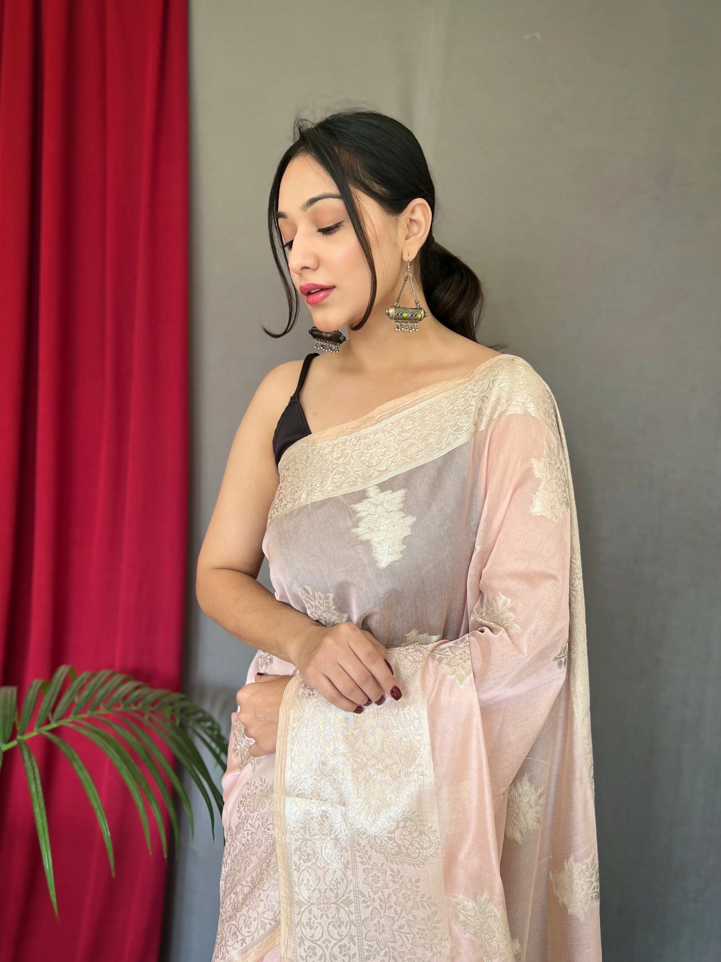 Pastel Pink Saree in Cotton Rose Gold Woven