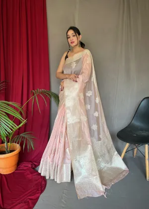 Pastel Pink Saree in Cotton Rose Gold Woven
