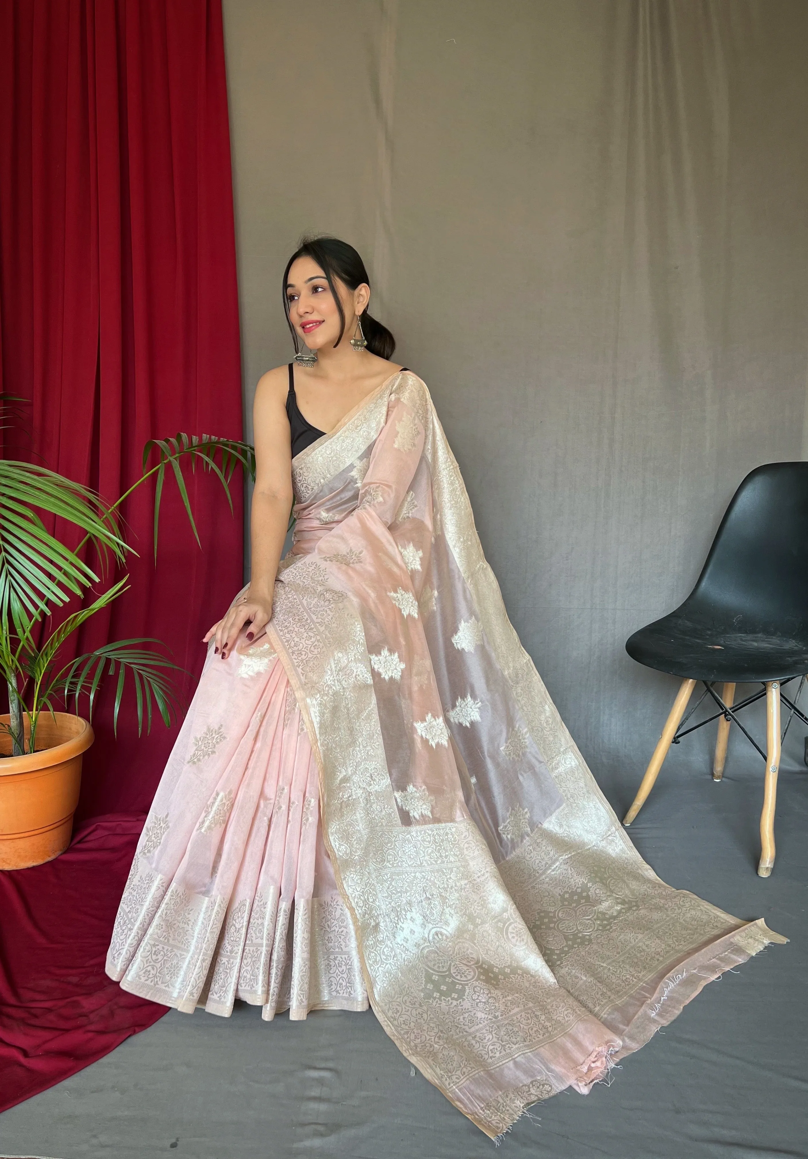 Pastel Pink Saree in Cotton Rose Gold Woven