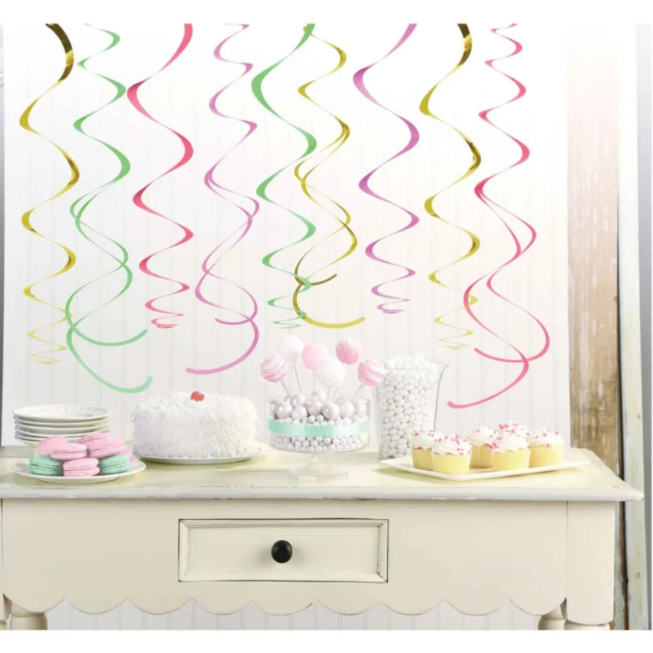 Pastel Swirl Decorations Pastel Colours & Gold Foil 12pk