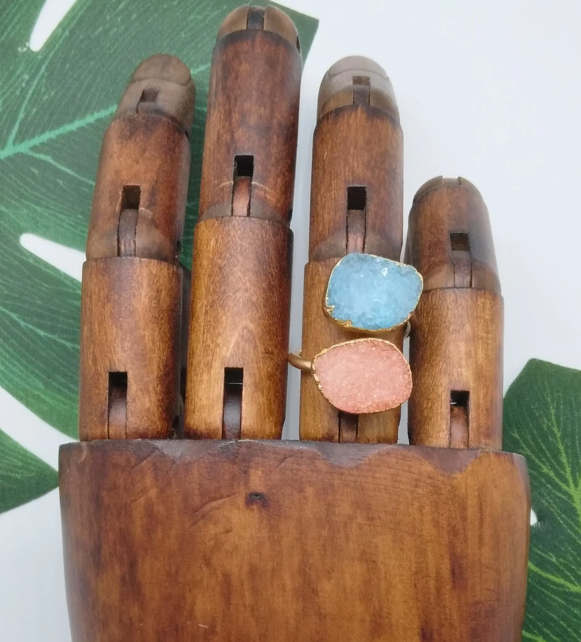 Peach and Sky Blue Double Druzy Agate Ring