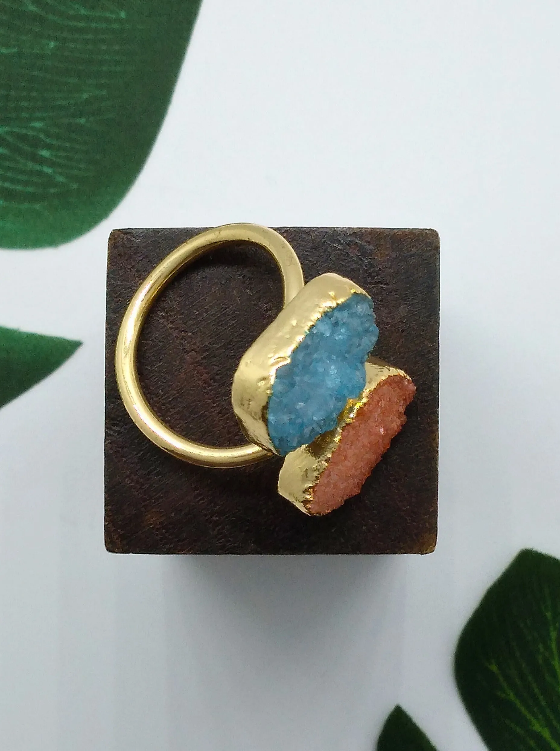Peach and Sky Blue Double Druzy Agate Ring
