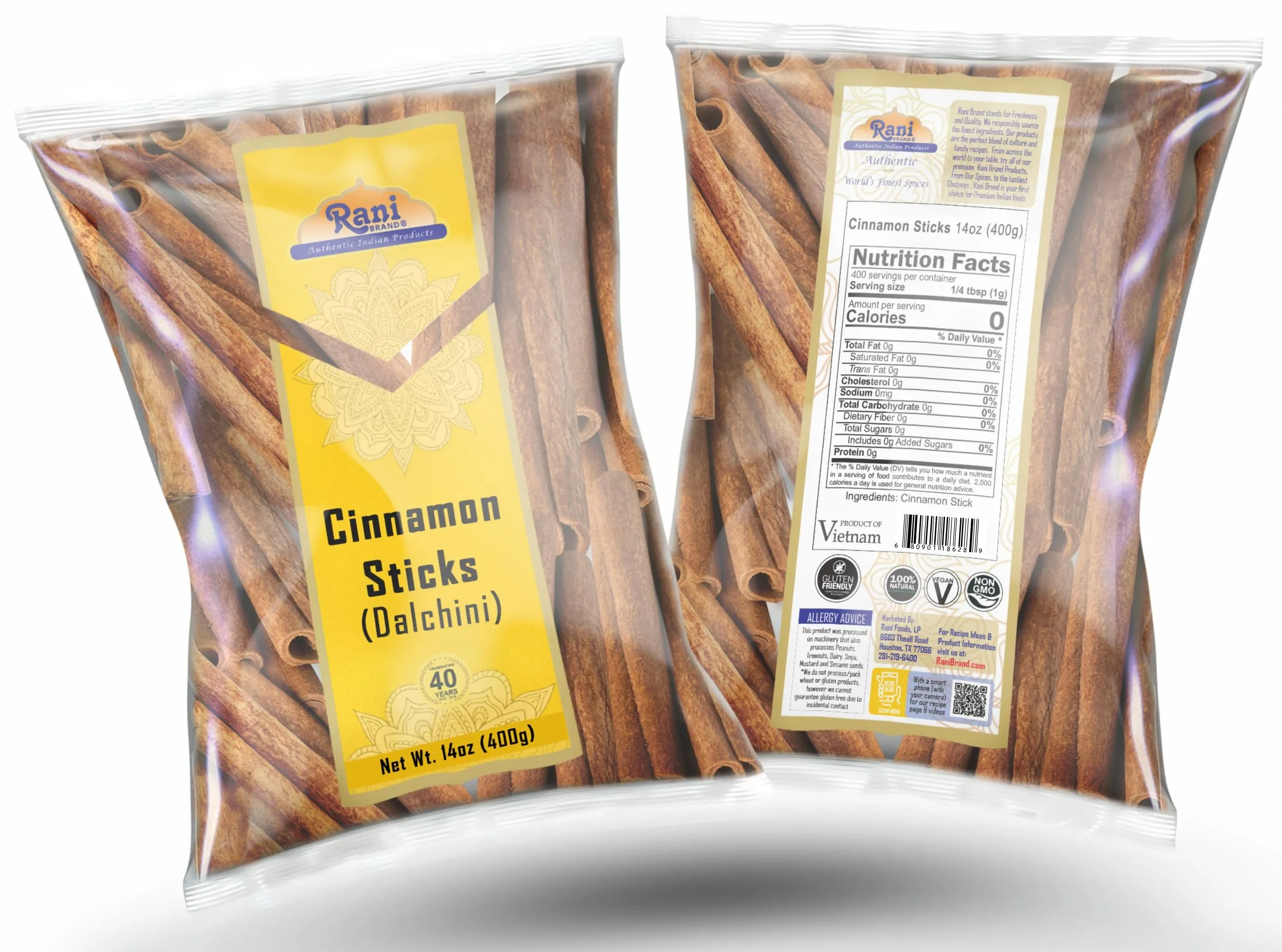 Rani Cinnamon Sticks 14oz (400g) ~ 72-88 Sticks 3" in Length Cassia Round ~ All Natural | Vegan | No Colors | Gluten Friendly | NON-GMO | Product of Vietnam