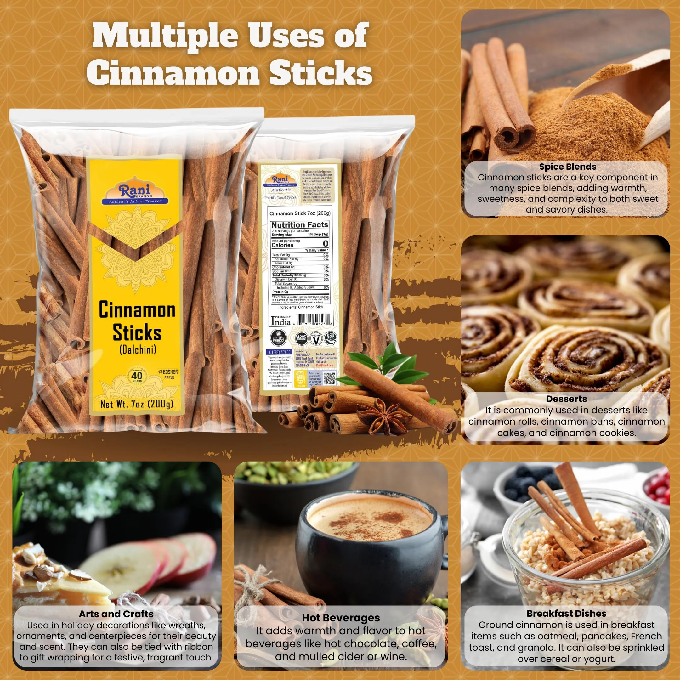 Rani Cinnamon Sticks 7oz (200g) - 36-44 Sticks - Strong Aroma, Perfect for Baking, Cooking & Beverages | 3  Inches Length - Cassia Saigon Cinnamon from Vietnam | Kosher