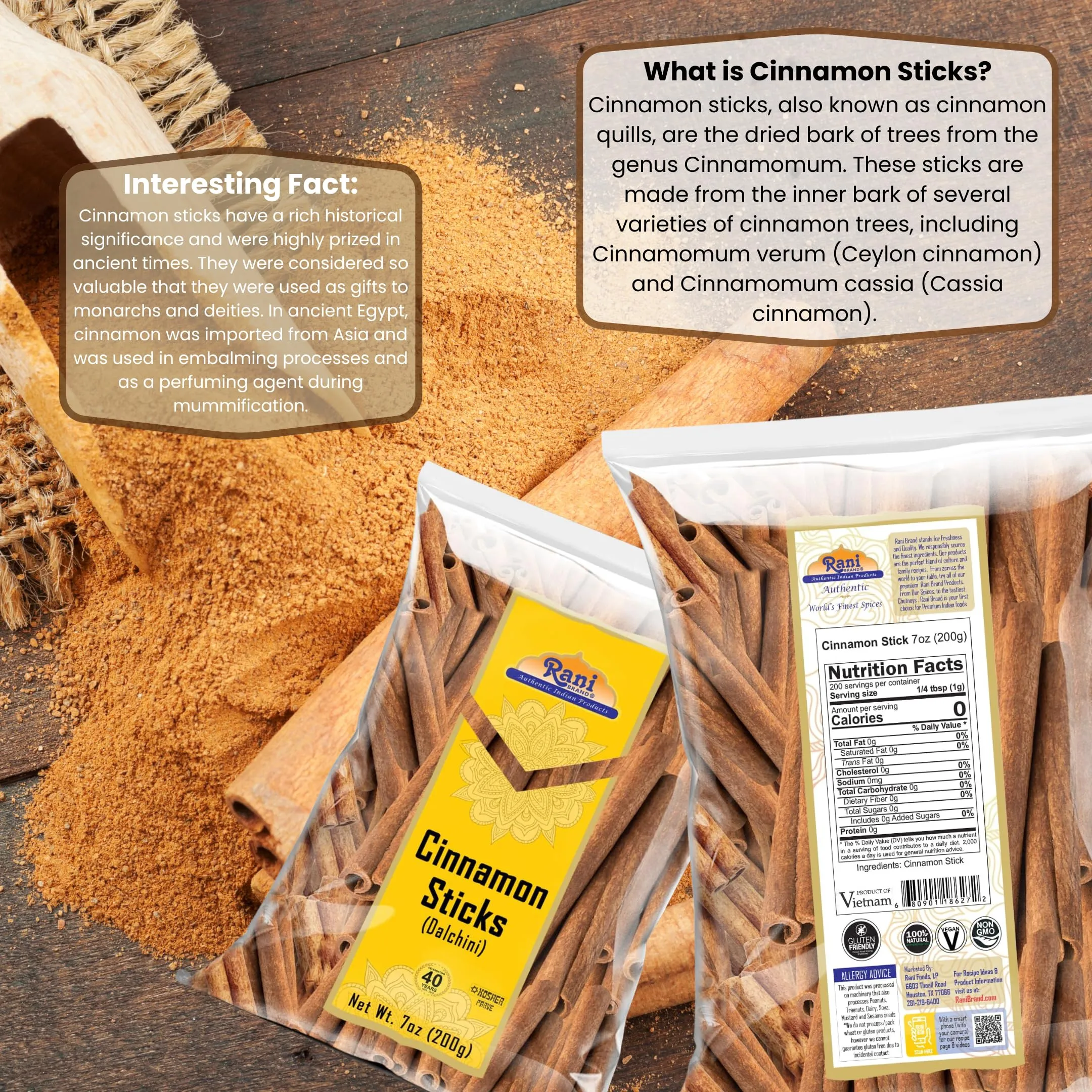 Rani Cinnamon Sticks 7oz (200g) - 36-44 Sticks - Strong Aroma, Perfect for Baking, Cooking & Beverages | 3  Inches Length - Cassia Saigon Cinnamon from Vietnam | Kosher