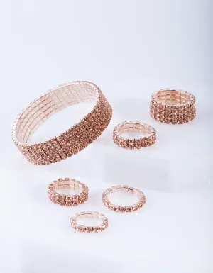 Rose Gold Diamante Bracelet Ring Pack