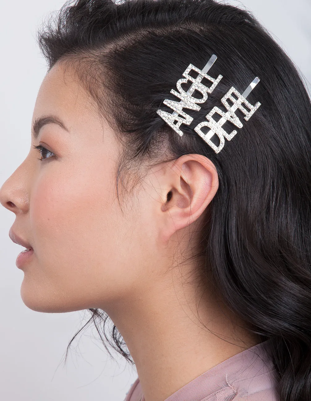 Silver Devil Angel Diamante Hair Clip Pack