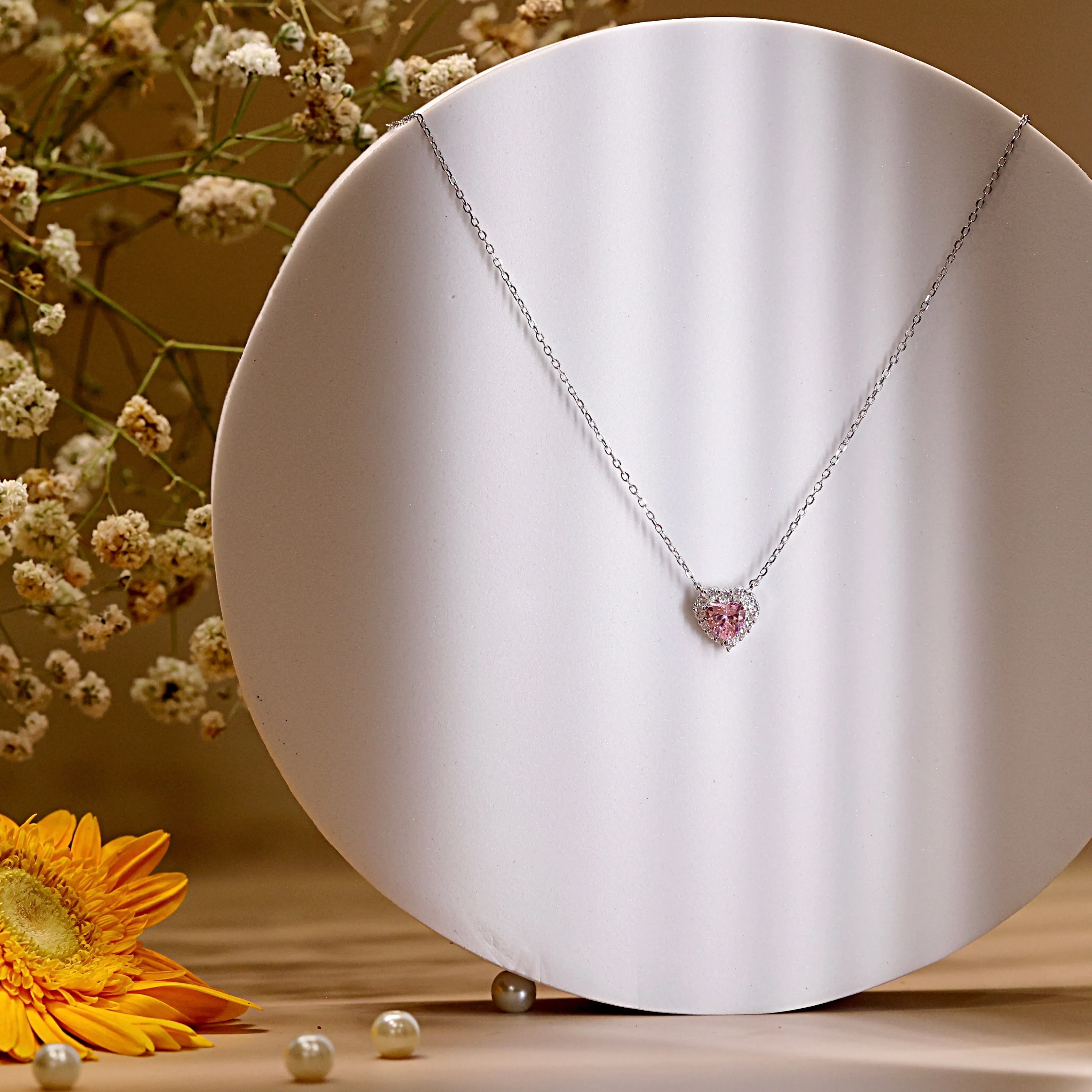 Silver pink heart pendant set