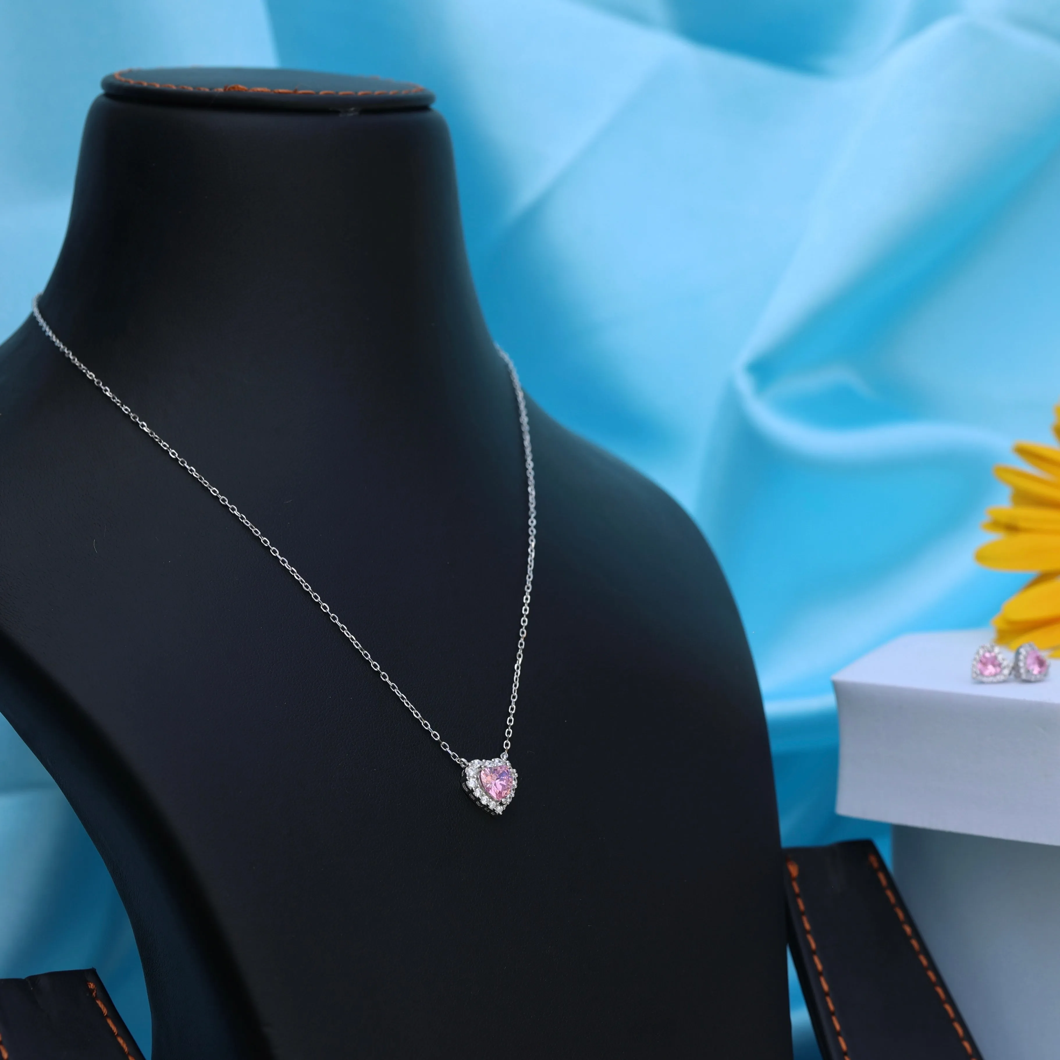 Silver pink heart pendant set