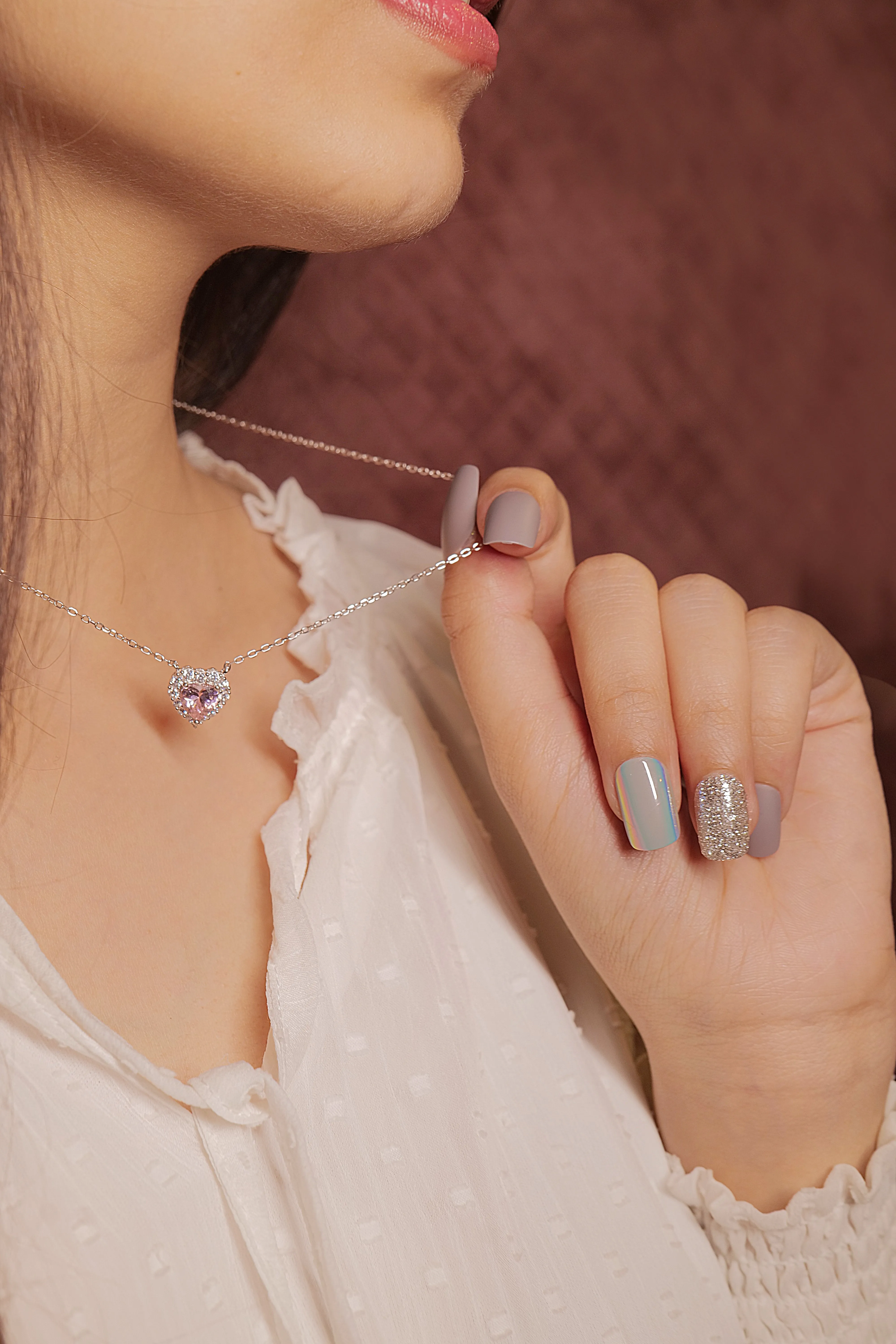 Silver pink heart pendant set