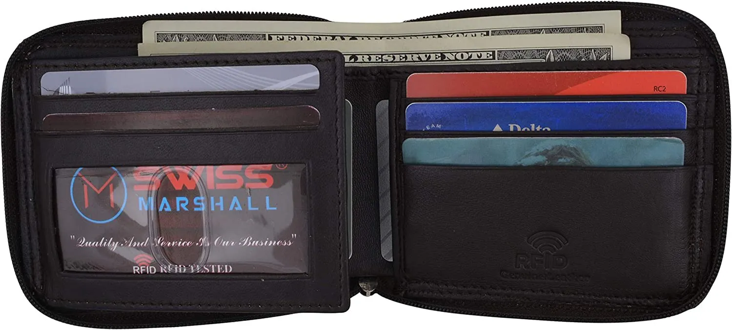 Swiss Marshall Men's Zipper RFID Blocking Premium Leather Zip-Around ID Bifold Wallet (Brown)