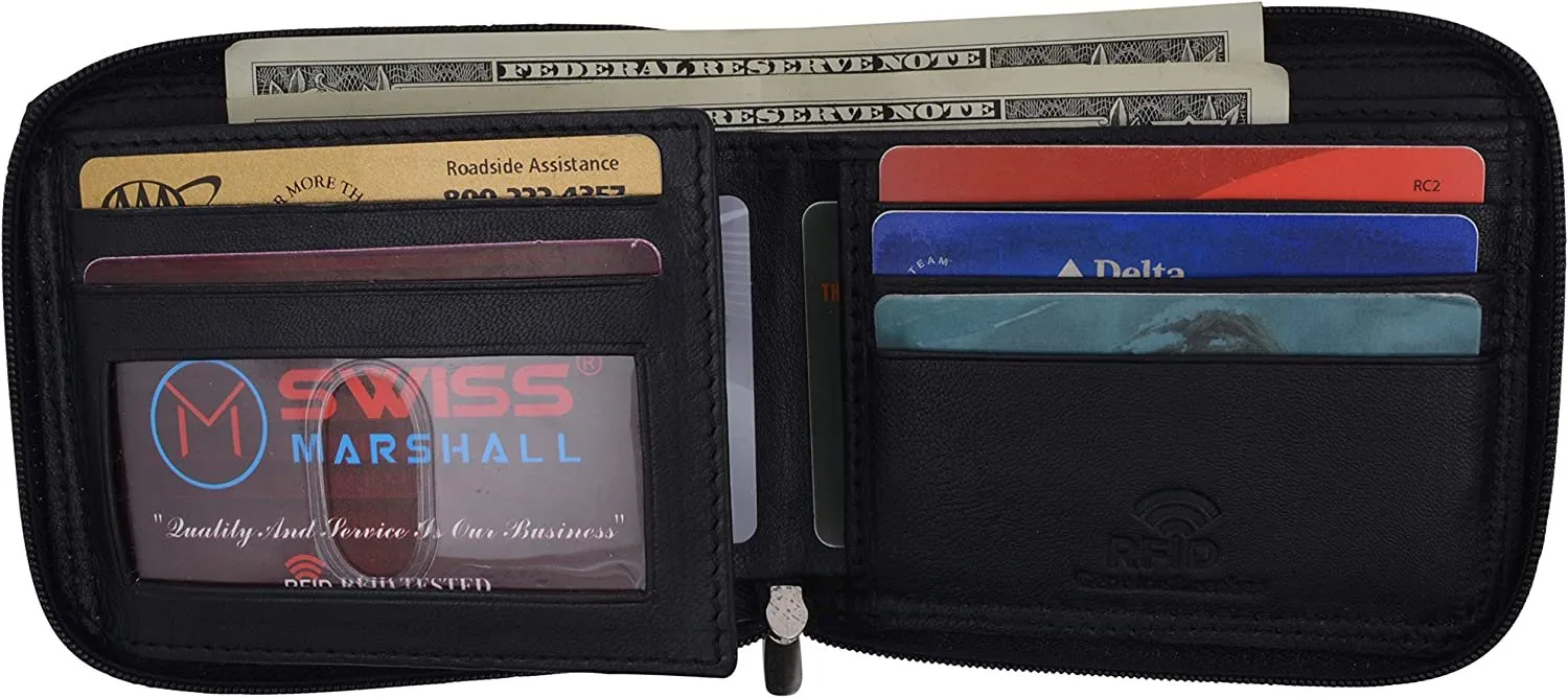 Swiss Marshall Men's Zipper RFID Blocking Premium Leather Zip-Around ID Bifold Wallet (Brown)