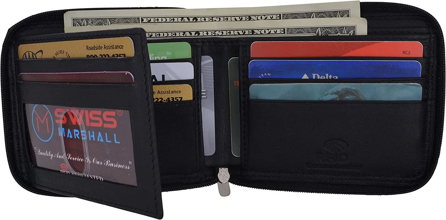 Swiss Marshall Men's Zipper RFID Blocking Premium Leather Zip-Around ID Bifold Wallet (Brown)