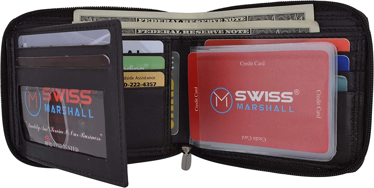 Swiss Marshall Men's Zipper RFID Blocking Premium Leather Zip-Around ID Bifold Wallet (Brown)