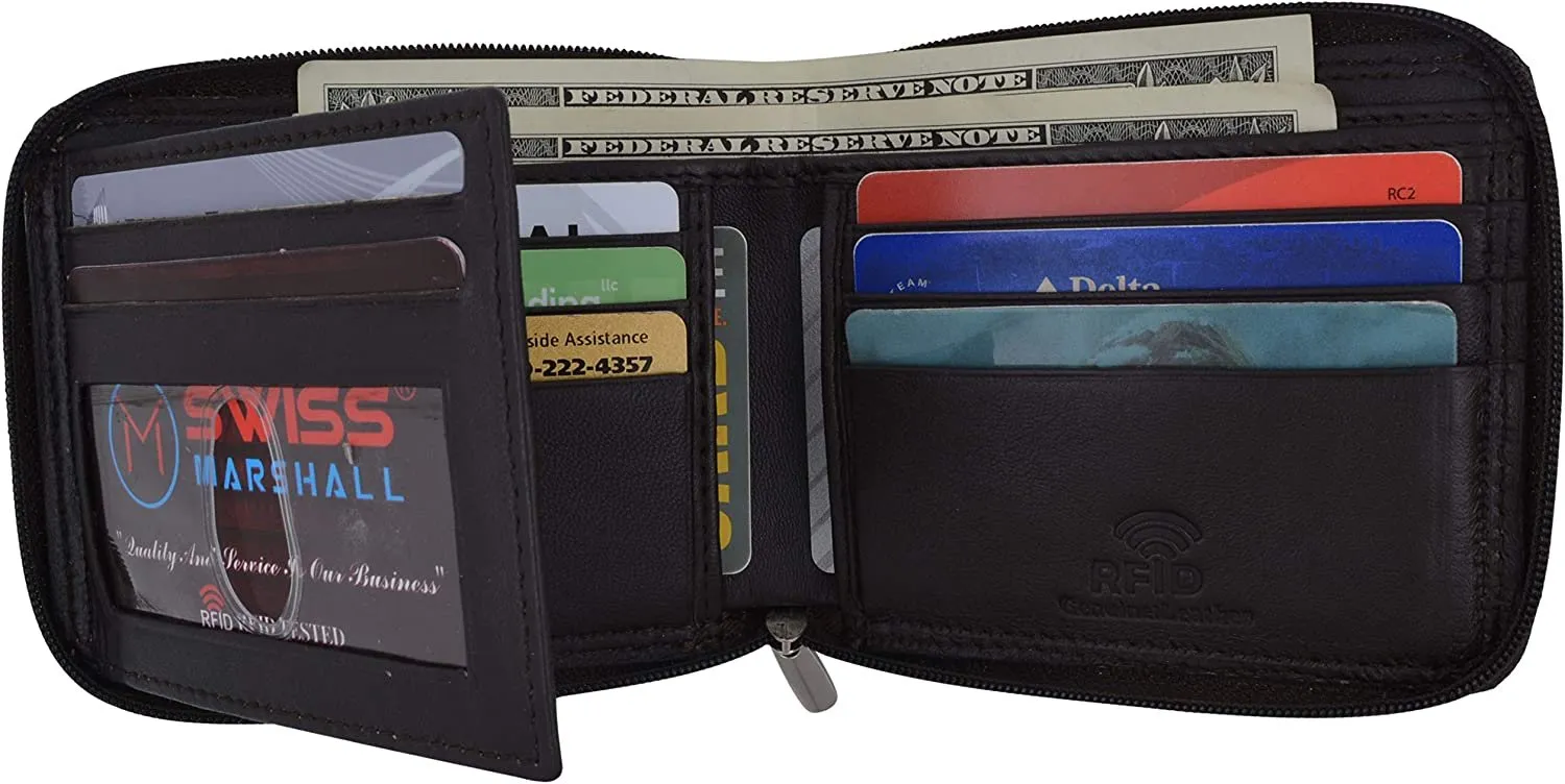 Swiss Marshall Men's Zipper RFID Blocking Premium Leather Zip-Around ID Bifold Wallet (Brown)
