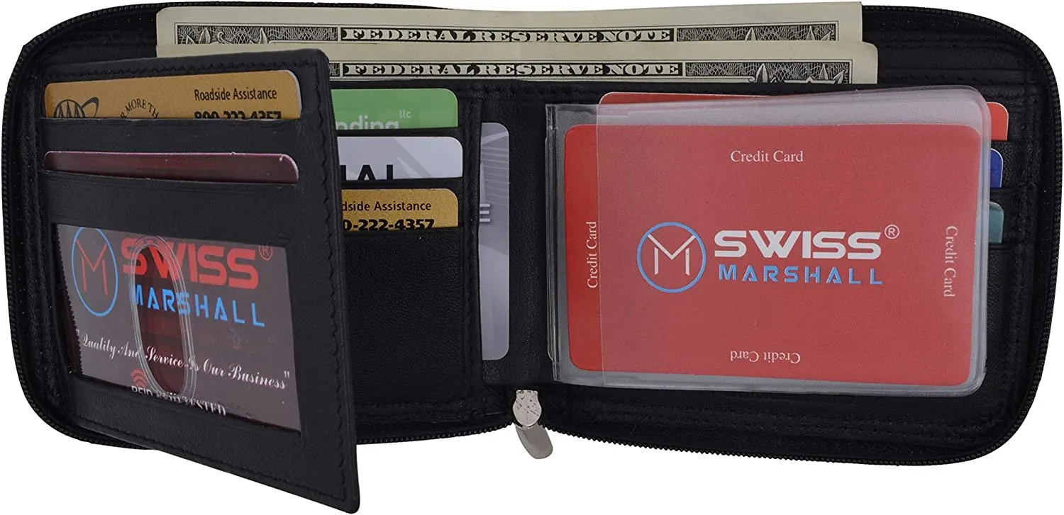 Swiss Marshall Men's Zipper RFID Blocking Premium Leather Zip-Around ID Bifold Wallet (Brown)