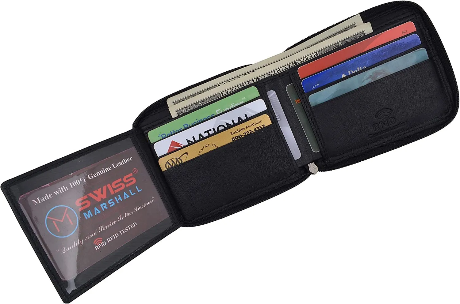 Swiss Marshall Men's Zipper RFID Blocking Premium Leather Zip-Around ID Bifold Wallet (Brown)