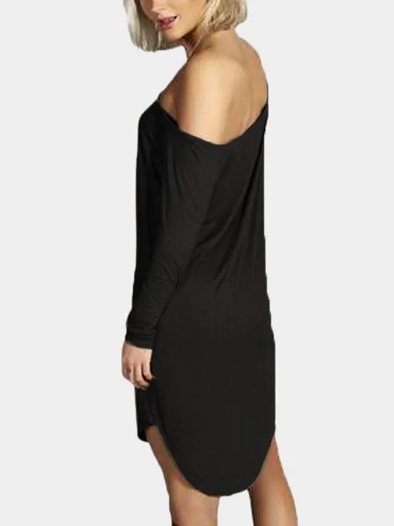 Wholesale Black One Shoulder Long Sleeve Curved Hem Mini Dress