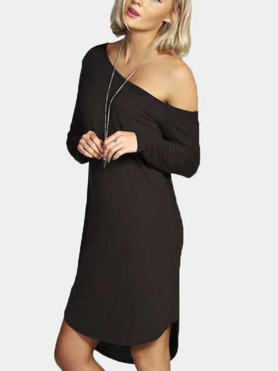 Wholesale Black One Shoulder Long Sleeve Curved Hem Mini Dress