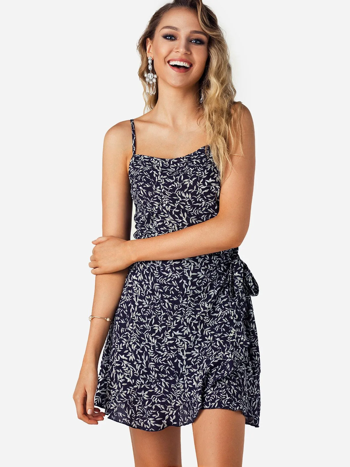 Wholesale Black Square Neck Floral Print Backless Ruffle Hem Mini Dresses