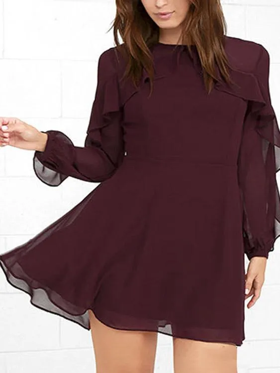 Wholesale Burgundy Round Neck Long Sleeve Plain Mini Dresses