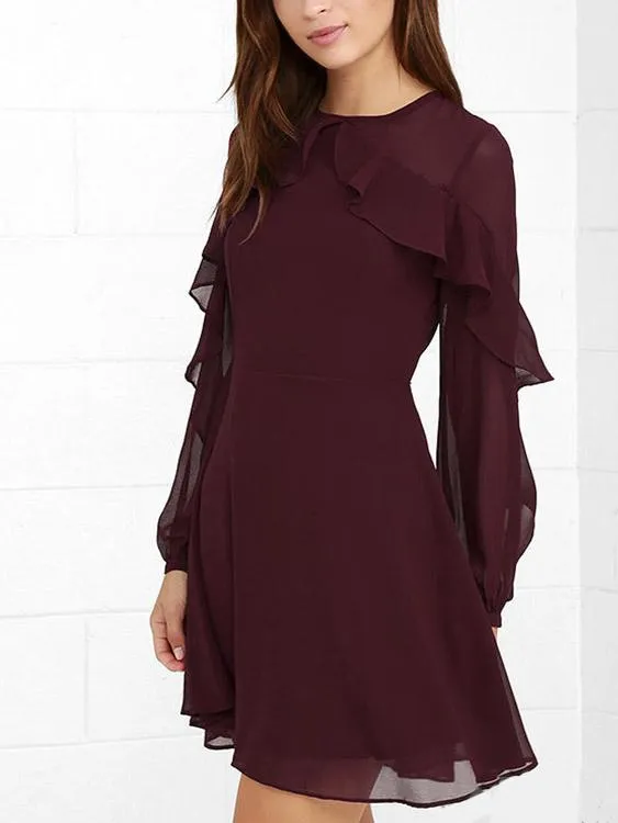 Wholesale Burgundy Round Neck Long Sleeve Plain Mini Dresses