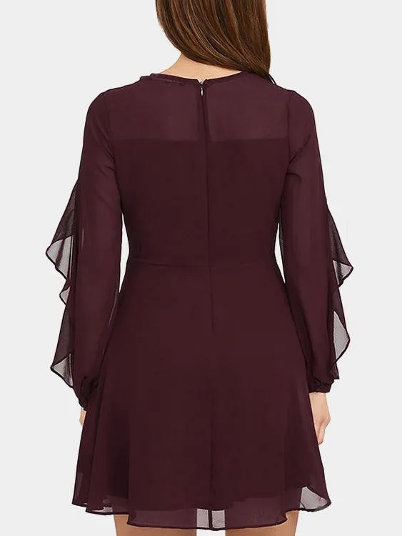 Wholesale Burgundy Round Neck Long Sleeve Plain Mini Dresses