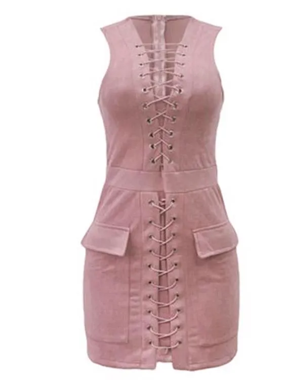 Wholesale Pink V-Neck Sleeveless Plain Irregular Hem Mini Dress