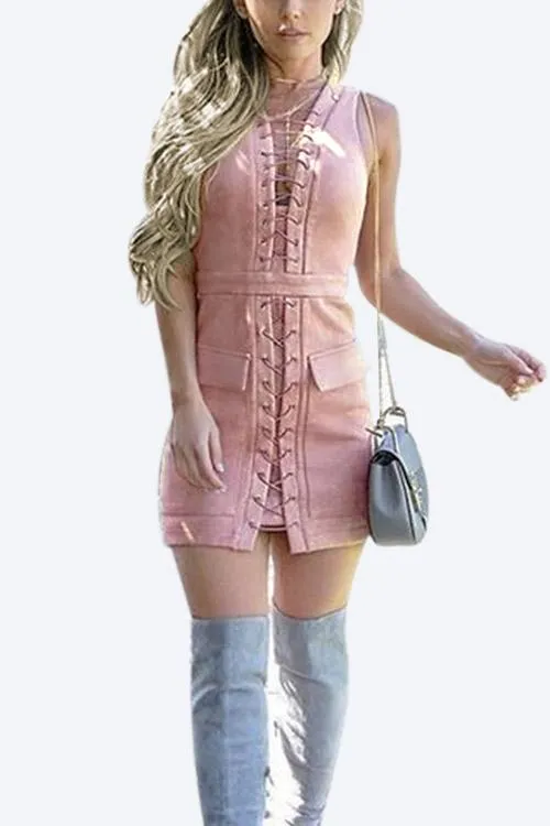 Wholesale Pink V-Neck Sleeveless Plain Irregular Hem Mini Dress