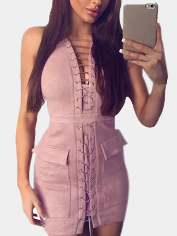 Wholesale Pink V-Neck Sleeveless Plain Irregular Hem Mini Dress