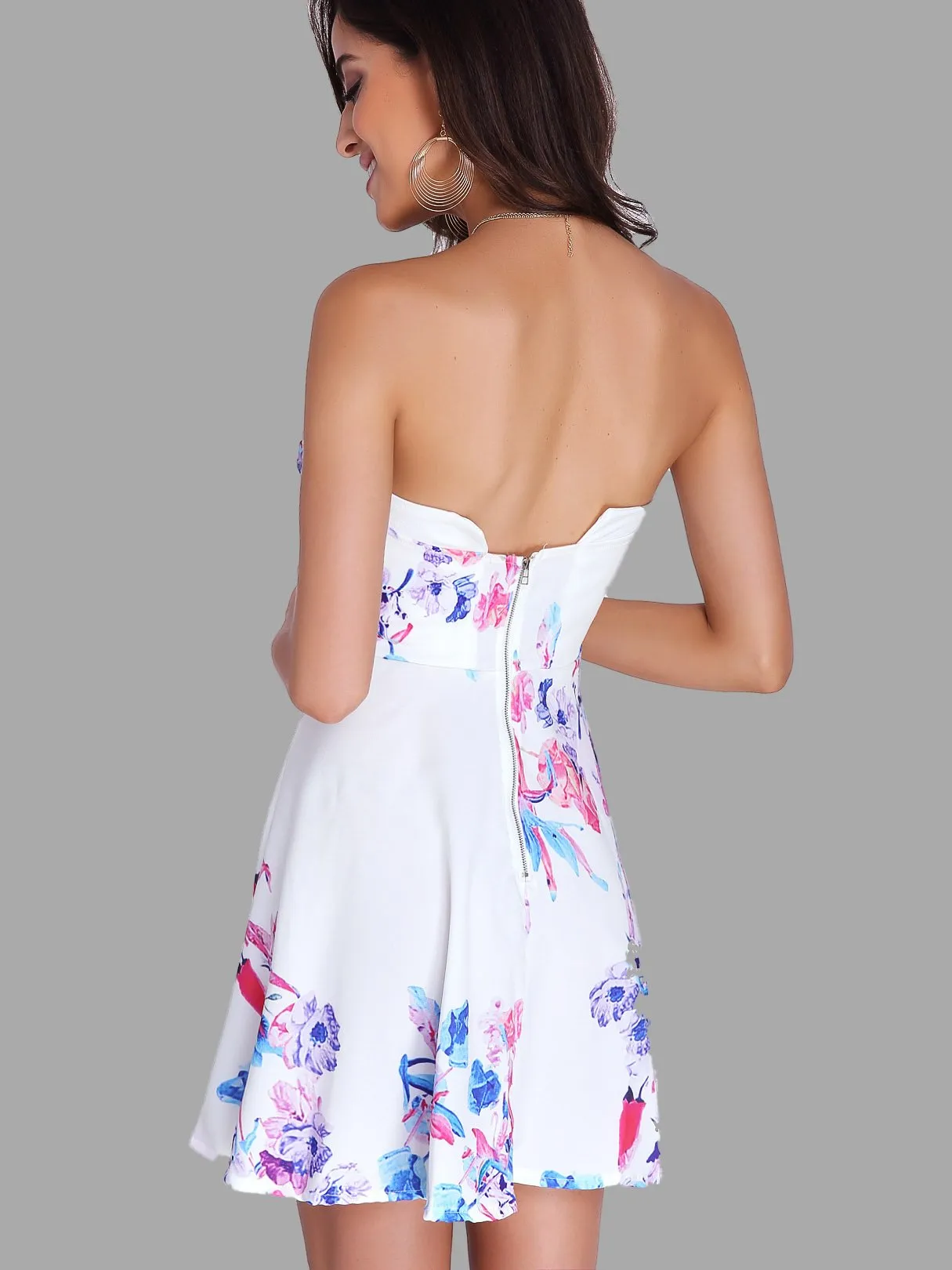 Wholesale Random Floral Tube Top Open Back Summer Mini Dresses with Zip Back Fastening